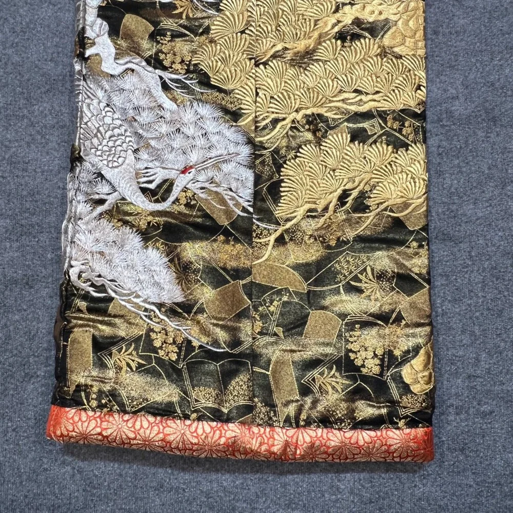Vintage Japanese Silk Uchikake Kimono Black Gold Silver Crane Pine Embroidery